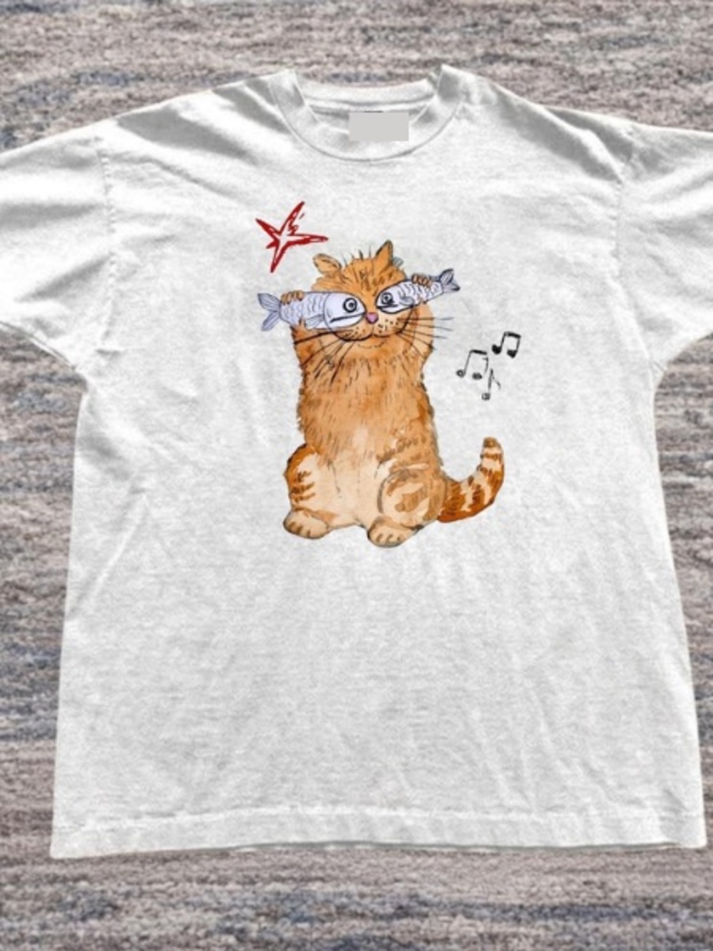 Cute Orange Tabby Cat With Fish Graphic Tee - White